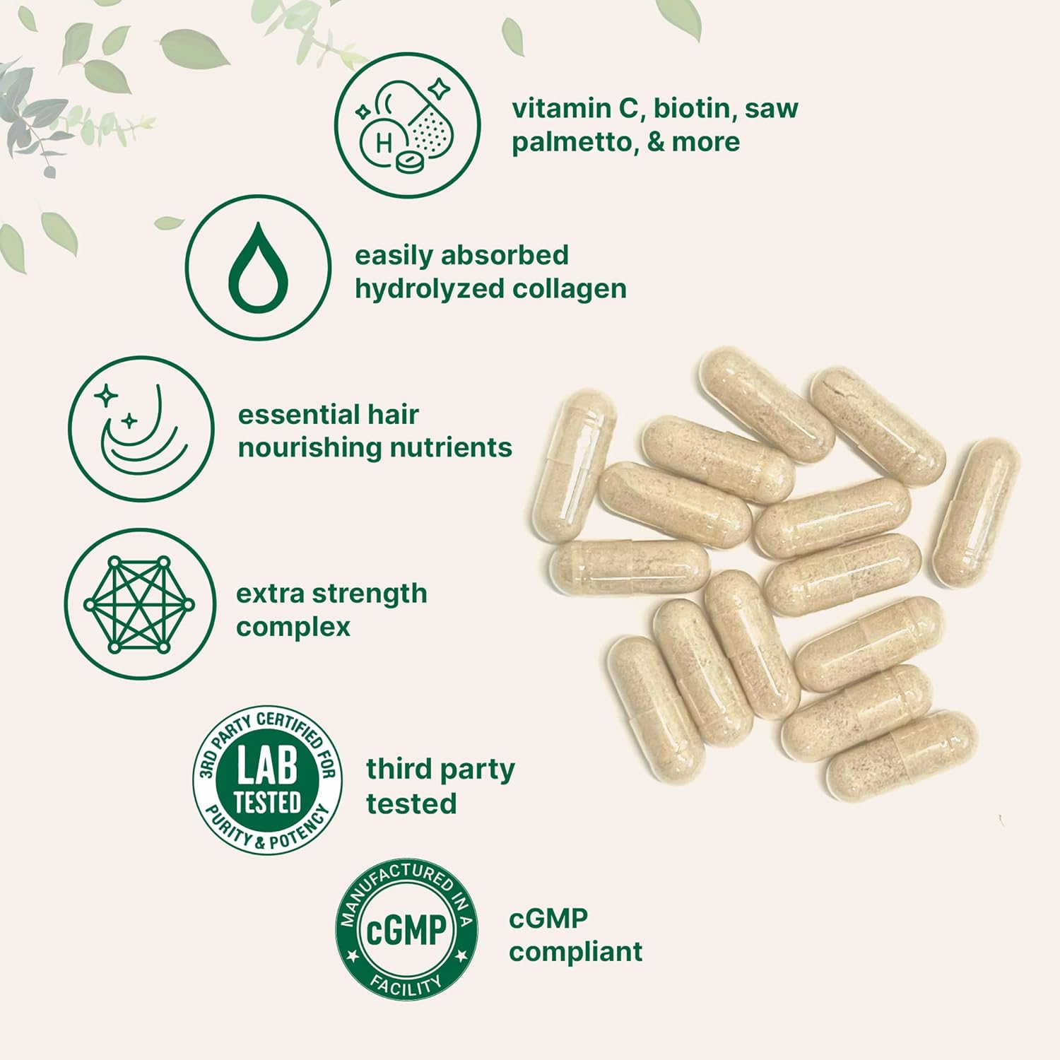 Micro Ingredients Hair Vitamins Complex, 120 Capsules | Hair Supplements for Women & Men with Hydrolyzed Collagen, Keratin, Methylfolate, Bamboo Extract, Vitamin C, Biotin, Saw Palmetto, & More - Image 3