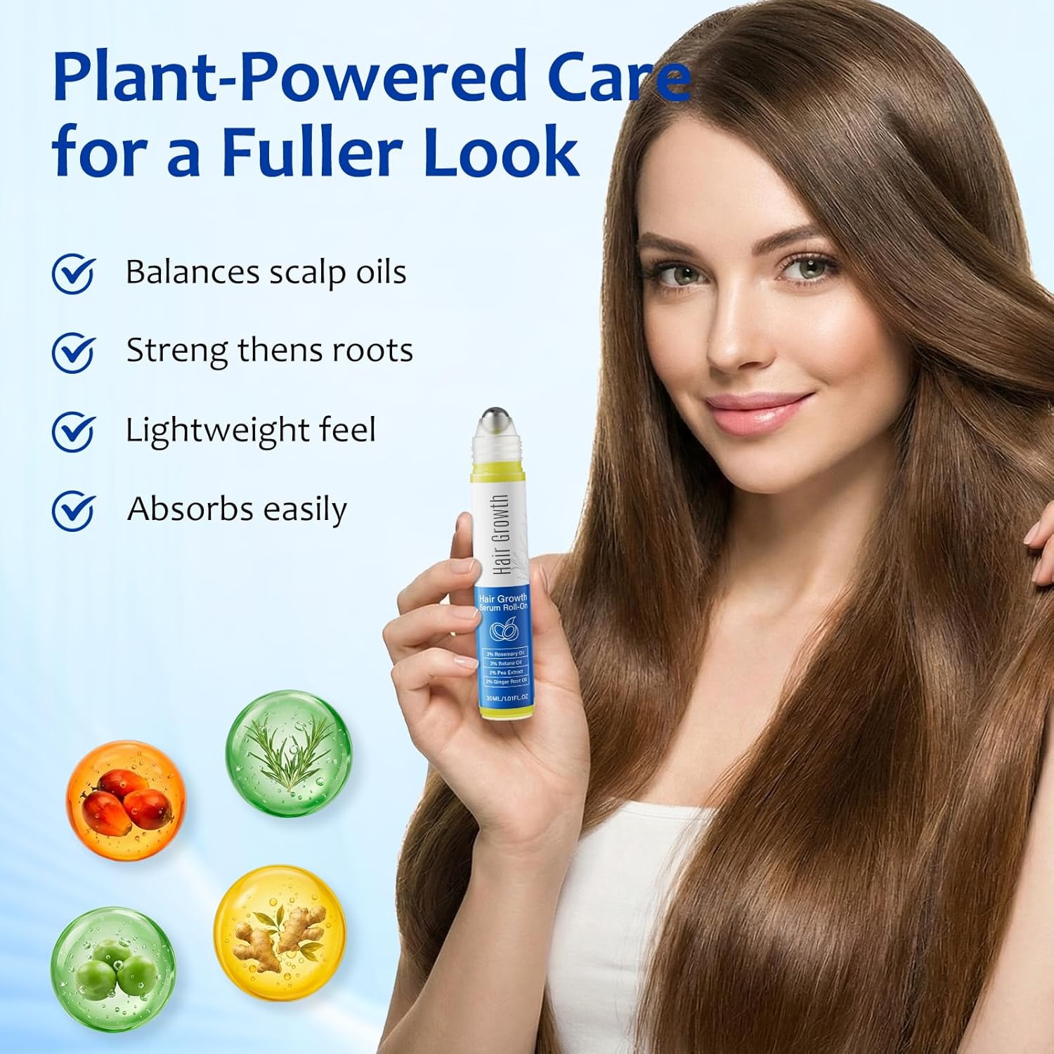 Hair Growth Serum Roll On with 3% Rosemary,3% Batana Oil,2% Pea Extract,2% Ginger Root Oil,Stronger Root,stimulate follicle,Hair Thicker,Hair Loss Treatment,Hair Growth Serum(30ML/1.01FL.OZ) - Image 3