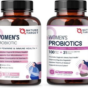NATURE TARGET Women's Probiotics & Prebiotics, Cranberry & D-Mannose, 50-Billion-CFUs, Organic Probiotics for Digestive Health/Gut Health/Immune Booster/Weight Management