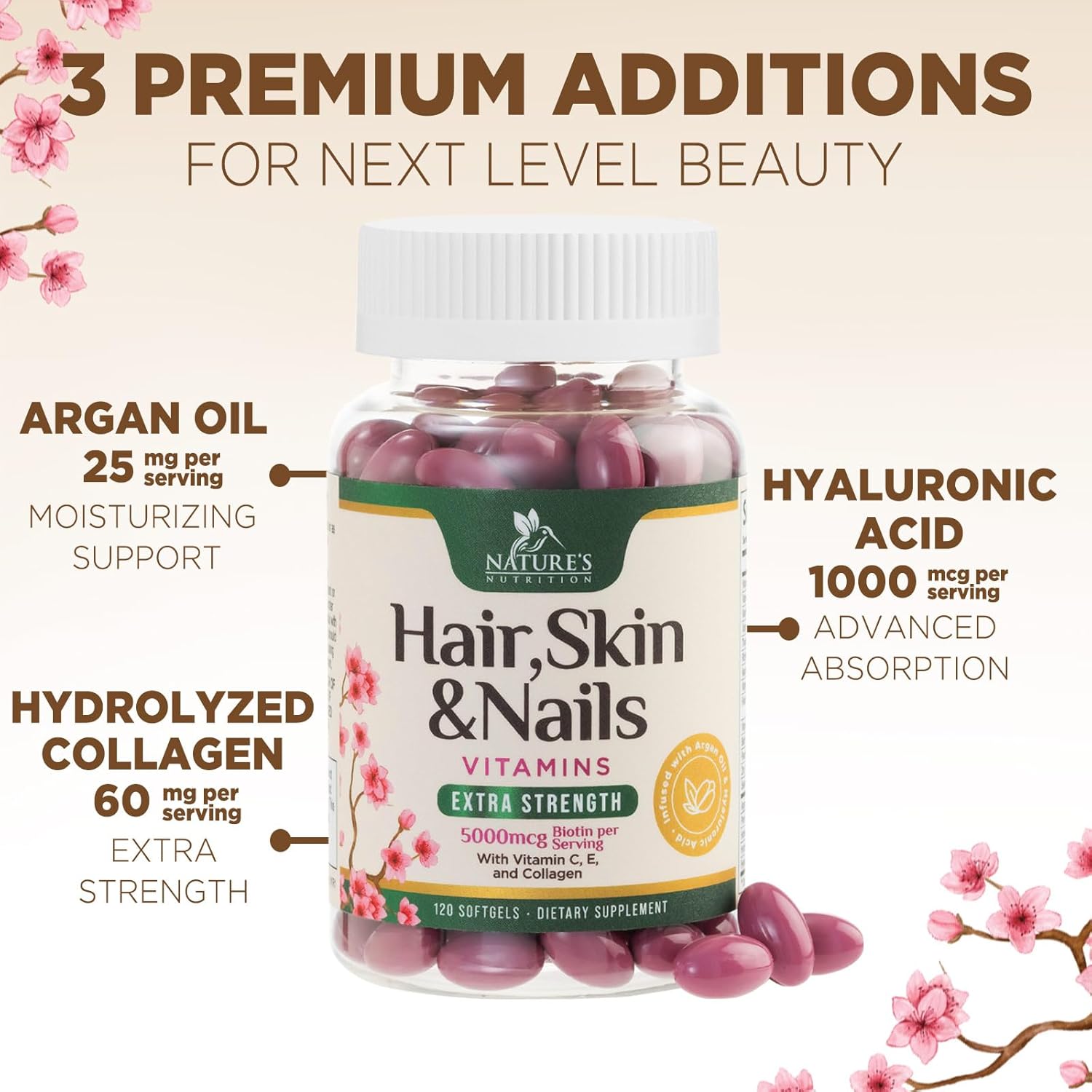Hair Skin and Nails Vitamins for Hair Growth - Biotin 5000mcg Per Serving - Extra Strength Collagen, Argan Oil & Hyaluronic Acid - Best Beauty Supplement for Women & Men - USA Bottled - 120 Softgels - Image 5