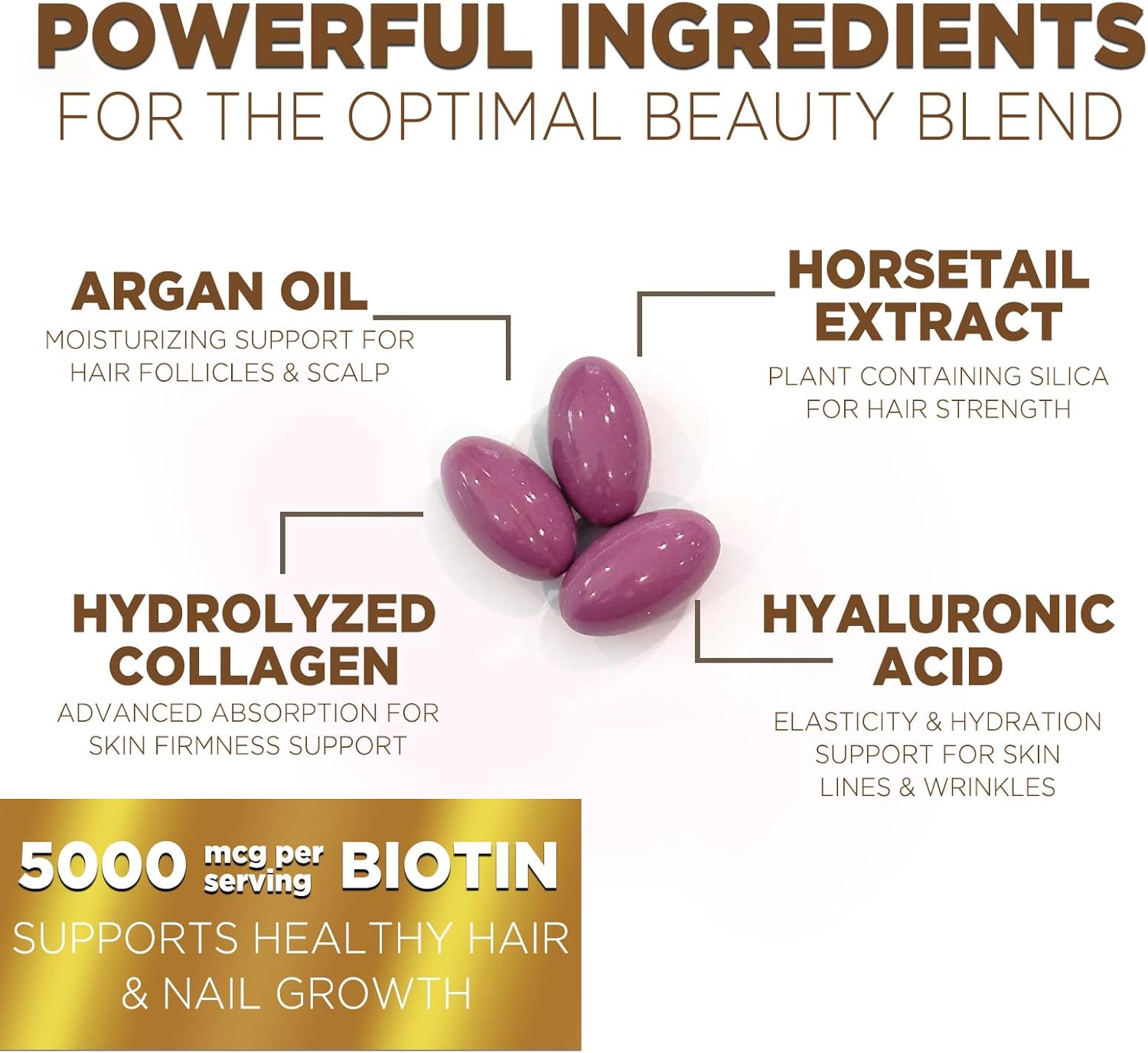 Hair Skin and Nails Vitamins for Hair Growth - Biotin 5000mcg Per Serving - Extra Strength Collagen, Argan Oil & Hyaluronic Acid - Best Beauty Supplement for Women & Men - USA Bottled - 120 Softgels - Image 3