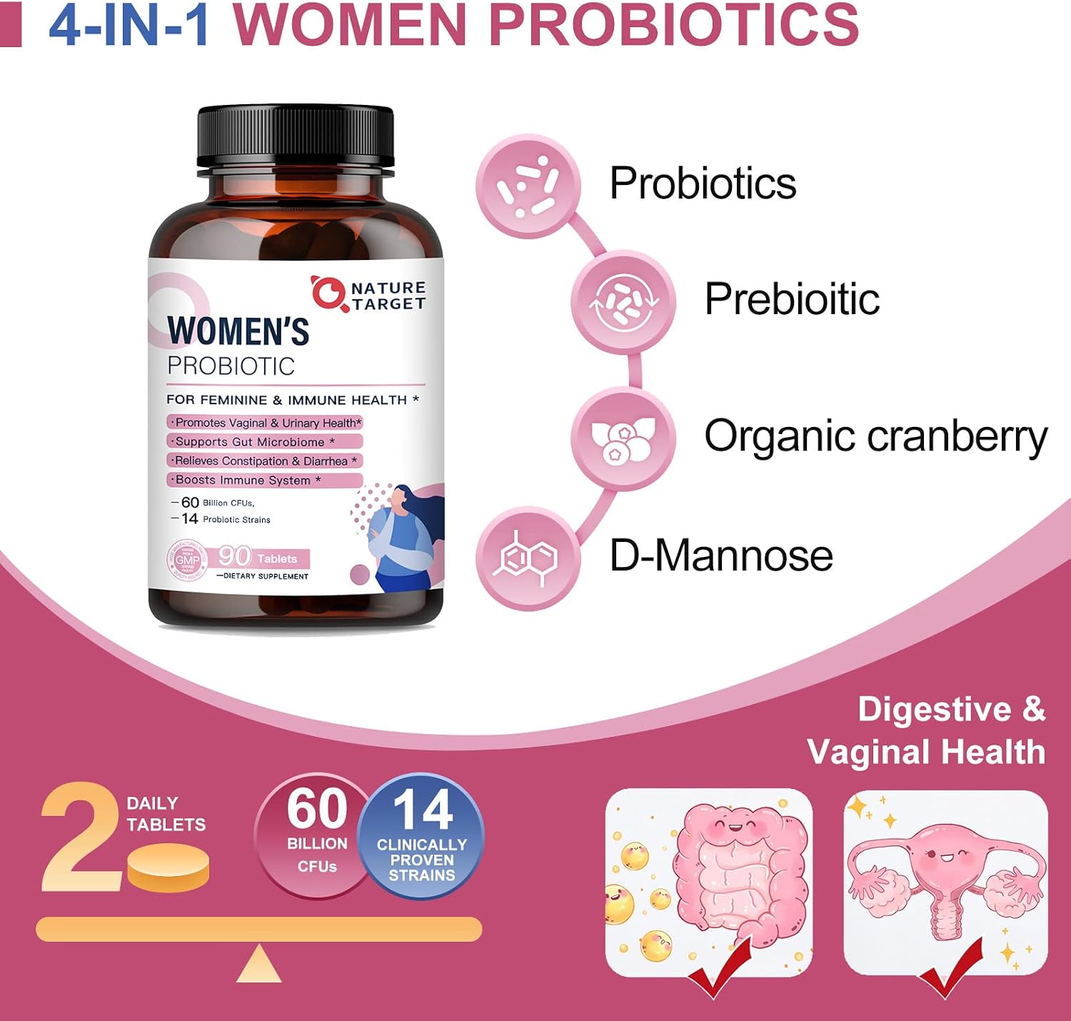 NATURE TARGET Women's Probiotics & Prebiotics, Cranberry & D-Mannose, 50-Billion-CFUs, Organic Probiotics for Digestive Health/Gut Health/Immune Booster/Weight Management - Image 3