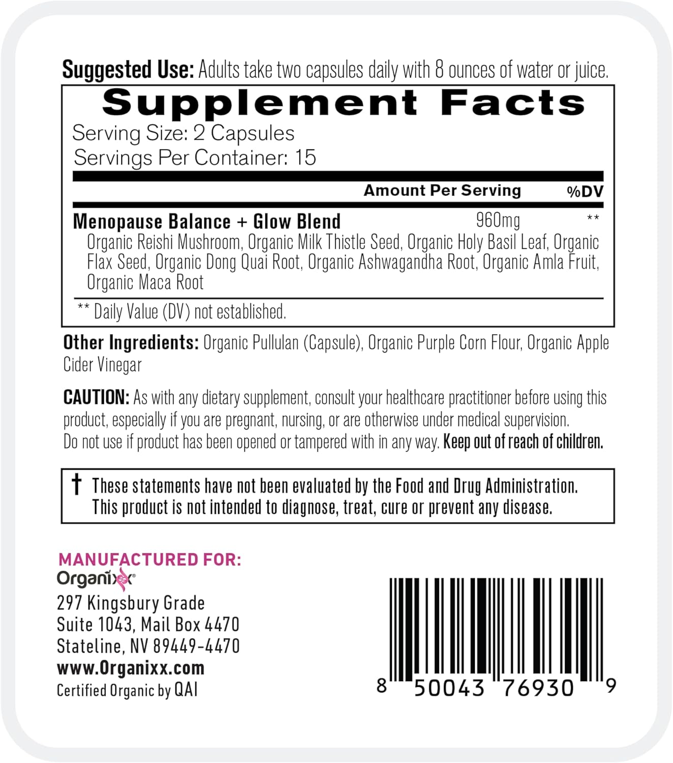 Organixx Menopause Balance + Glow, Womens Supplement with Ashwagandha, Reishi Mushroom, and Milk Thistle, Plant Based Adaptogens and Superfood Blend, Dairy, Soy & Gluten Free, Non GMO, 30 Capsules - Image 3