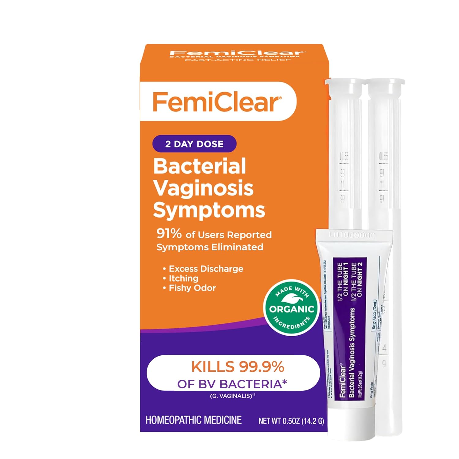 FemiClear Bacterial Vaginosis Symptoms Ointment, 2-Day Dose, 0.5 Oz, Fast-Acting Vaginal Relief for Odor, Itching & Discharge, Supports pH Balance & Vaginal Health, All-Natural & Organic Ingredients