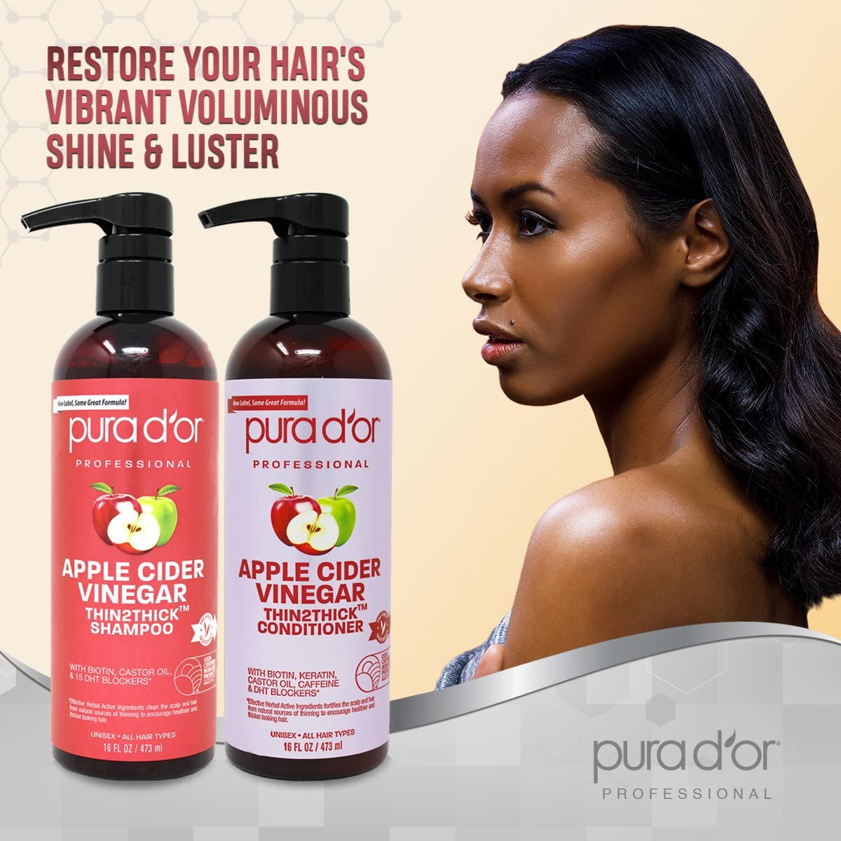 PURA D'OR Anti-Thinning Advanced Therapy Biotin Shampoo & Conditioner Hair Care Set & Apple Cider Vinegar Thin2Thick Set (16oz x 2) ACV Shampoo & Conditioner, Clarifying - Image 7