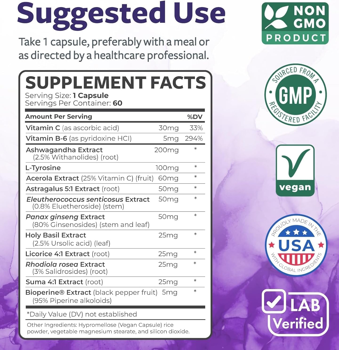 Adrenal System Support & Cortisol Manager (2 Month Supply) Powerful Ashwagandha & L-Tyrosine Fatigue Supplement - Maintain Balanced Cortisol Levels, Health, & Stress Relief - Non-GMO - 60 Capsules - Image 6