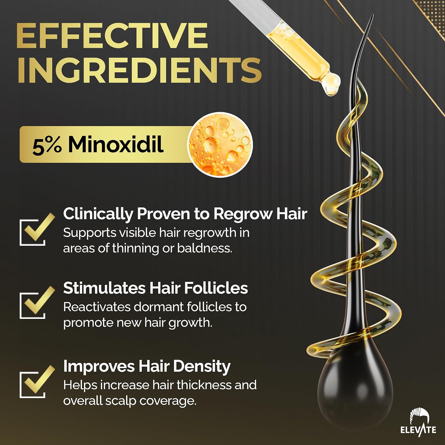 Elevate Hair Regrowth Treatment 5% Minoxidil Solution for Hair Growth - Extra Strength Topical Hair Growth Serum for Thicker, Fuller Hair 2 Fl Oz Made in USA - Image 4