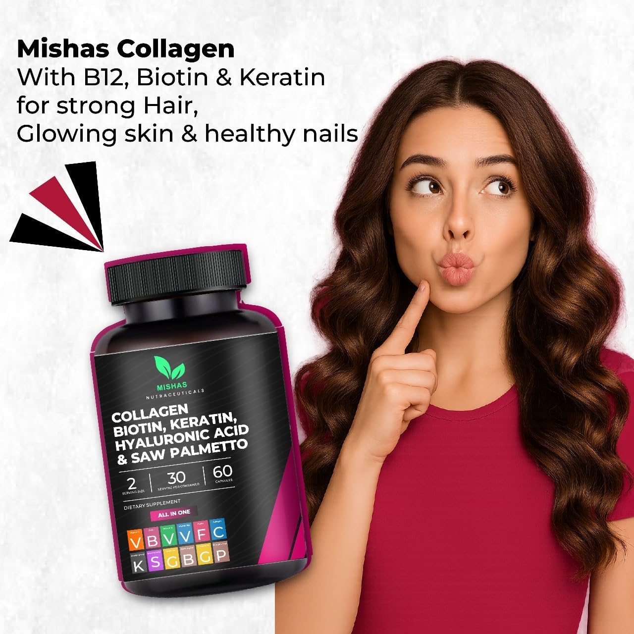 Multi Collagen Hair Pills - Biotin 10,000mcg, Keratin & Hyaluronic Acid - Hair Growth - Hair Skin & Nails Vitamins & DHT Blocker - Vitamin E Folic Acid Pumpkin Seed MSM, Saw Palmetto 60 Vegan Capsules - Image 2