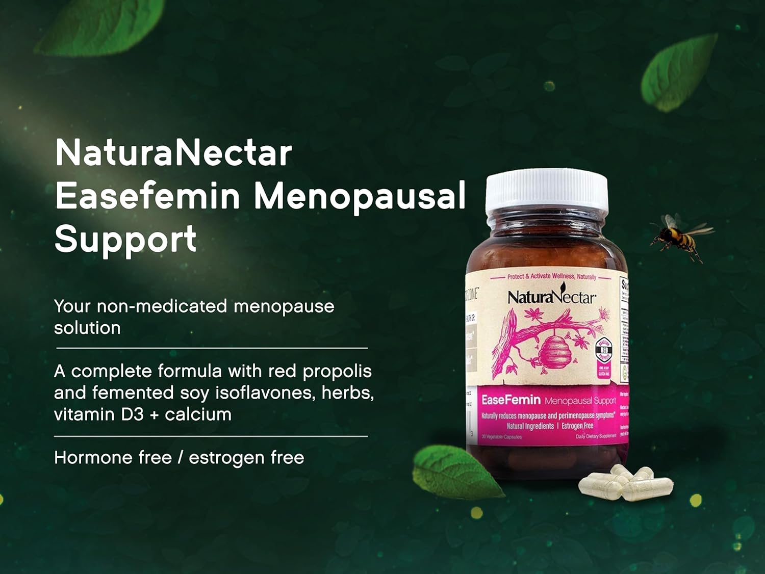 NaturaNectar - EaseFemin Menopausal Support Supplements for Women - Estrogen-Free Red Bee Propolis Capsules for Hot Flashes & Night Sweats - Natural and with Proprietary Calming Herbal Blend (30pcs.) - Image 4