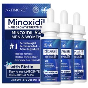 5% Minoxidil Hair Growth Serum for Men & Women with Biotin: Minoxidil for Men and Women, 5 Percent, Hair Regrowth Treatment, Extra Strength (6 FL OZ, Dropper 3pcs)