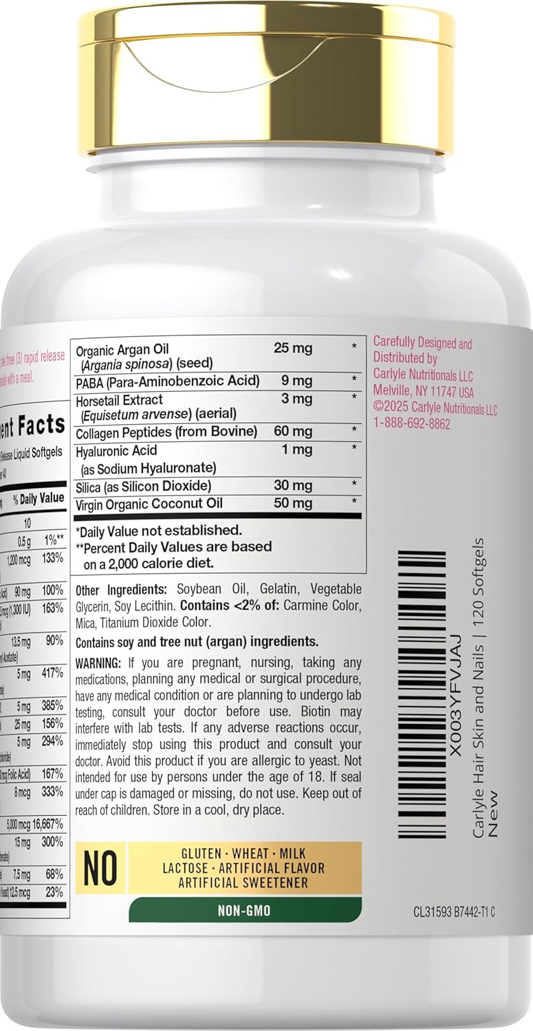 Carlyle Hair Skin and Nails Vitamin | 120 Softgels | Beauty Formula Supplement | with Biotin and Collagen Zinc, Vitamin A, B6, C & E | Non-GMO, Gluten Free - Image 3