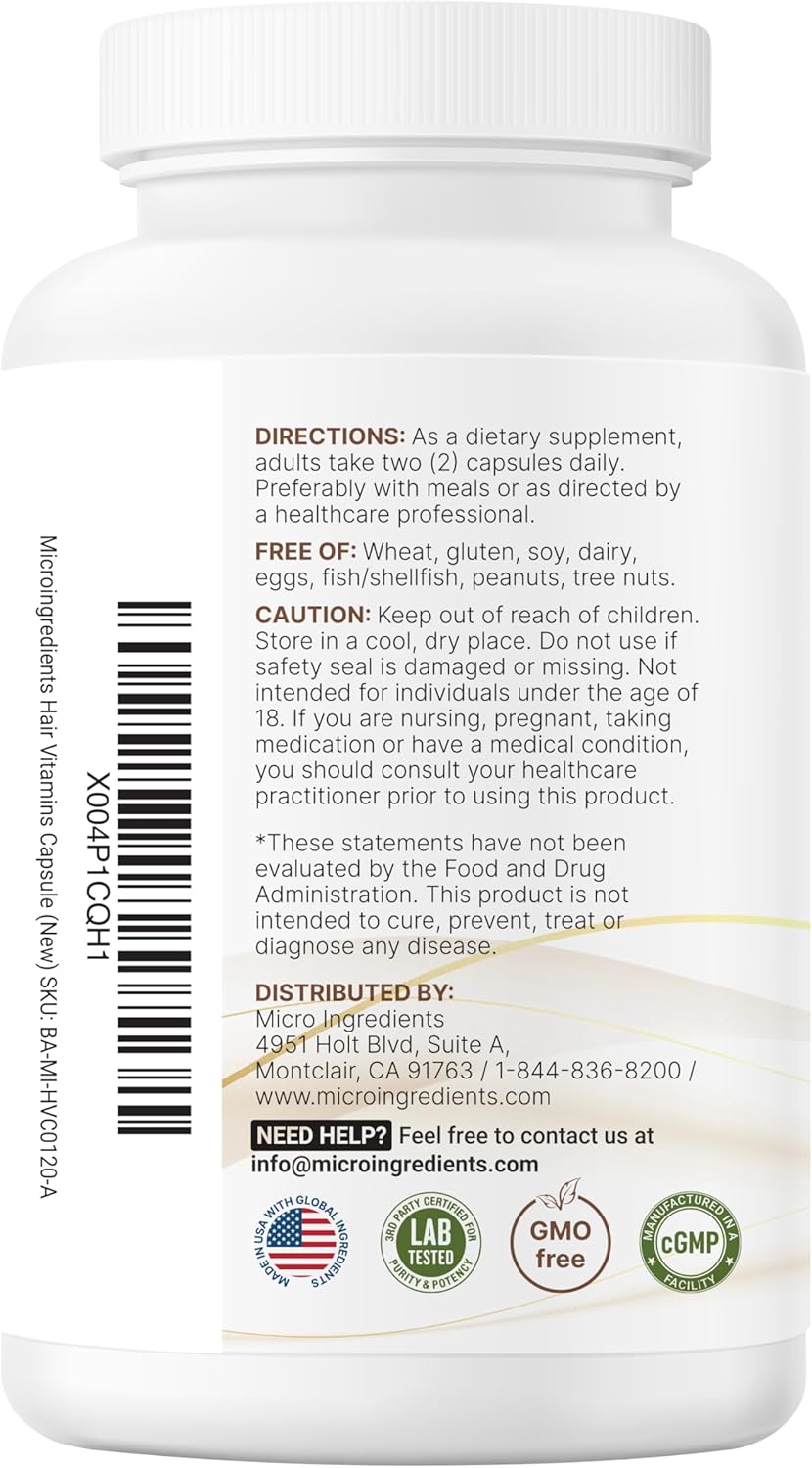 Micro Ingredients Hair Vitamins Complex, 120 Capsules | Hair Supplements for Women & Men with Hydrolyzed Collagen, Keratin, Methylfolate, Bamboo Extract, Vitamin C, Biotin, Saw Palmetto, & More - Image 9