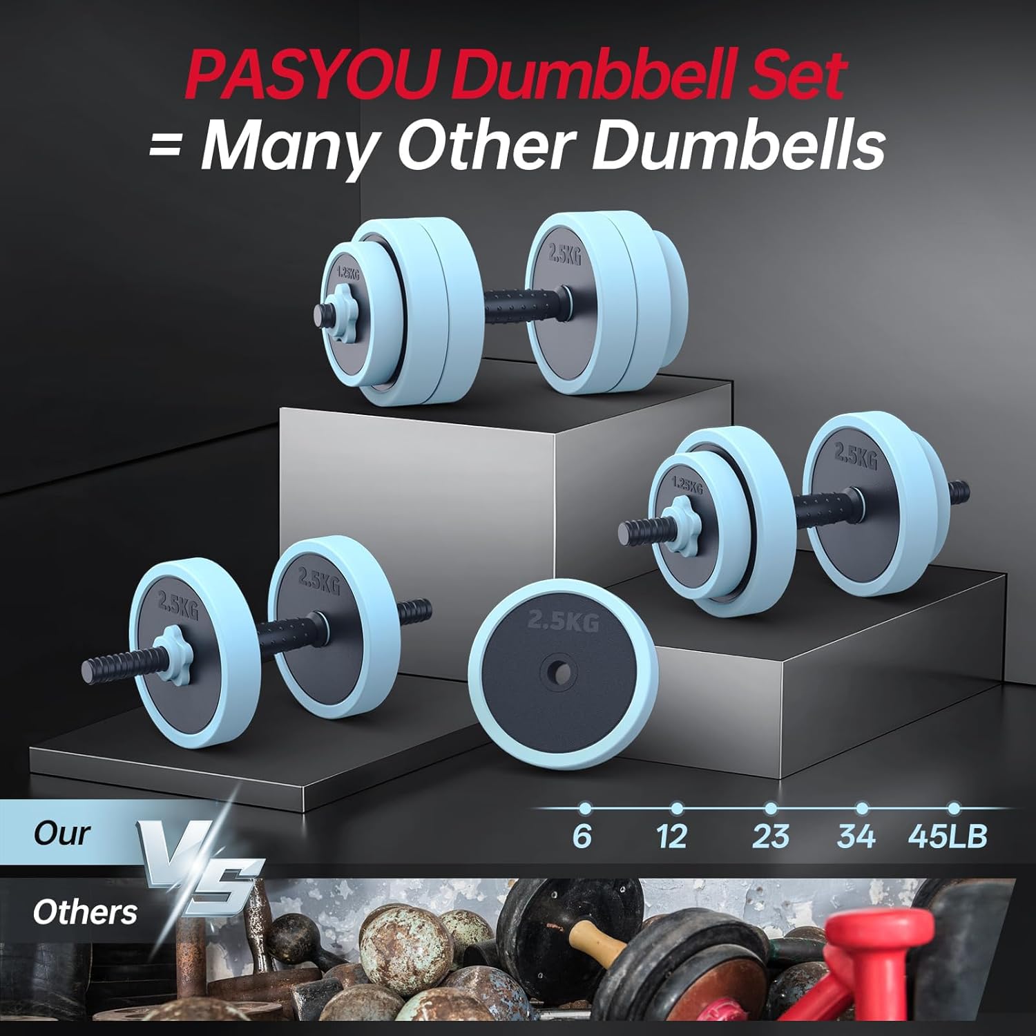 PASYOU Adjustable Dumbbell Set, 45lbs Free Weight Set with Connector, 5 in 1 Weight Set Used as Kettlebells, Barbell, Push up Stand, Fitness Exercises for Home Gym Suitable Men/Women - Image 3