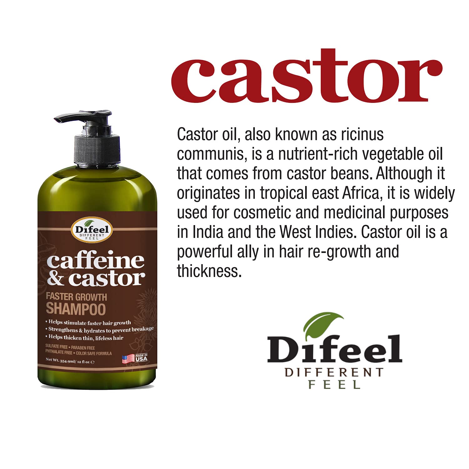 Difeel Caffeine & Castor Faster Growth Shampoo 12 oz., Made with Castor Oil for Hair Growth, Sulfate Free Shampoo - Image 5