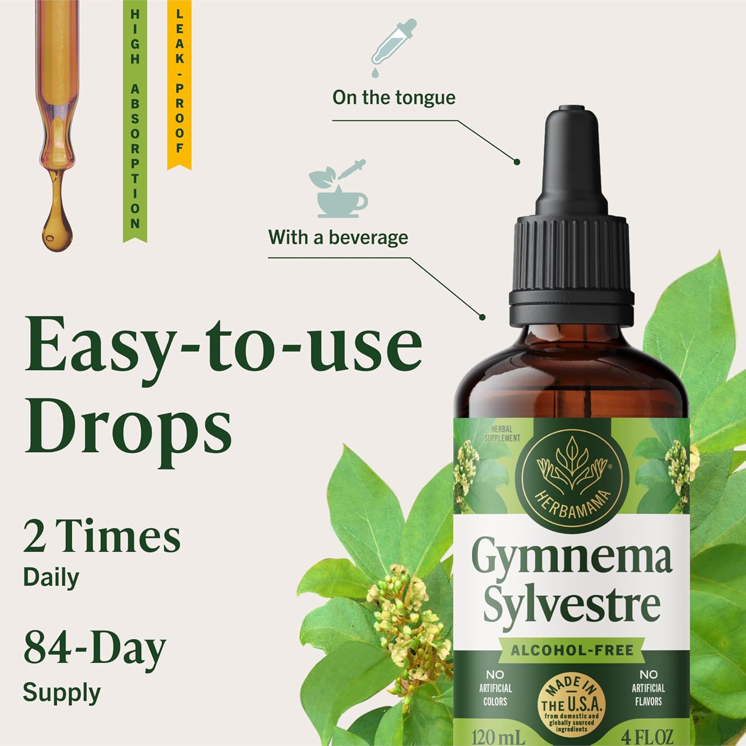 HERBAMAMA Gymnema Sylvestre Drops - Vegan Antioxidant & Overall Support with Gymnema Leaf Extract Tincture - Non-GMO, Alcohol & Sugar-Free Liquid Gurmar Supplement, 84-Day Supply - Image 6