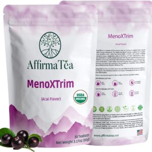 MenoXTrim Organic Menopause Relief: Hormone Balance | Bloating | Hot Flashes | Excess Water | Midlife Belly | Yerba Mate, Dandelion, Nettle Leaf, Lemon Balm, Turmeric, Ginger | Natural Açai Flavor.