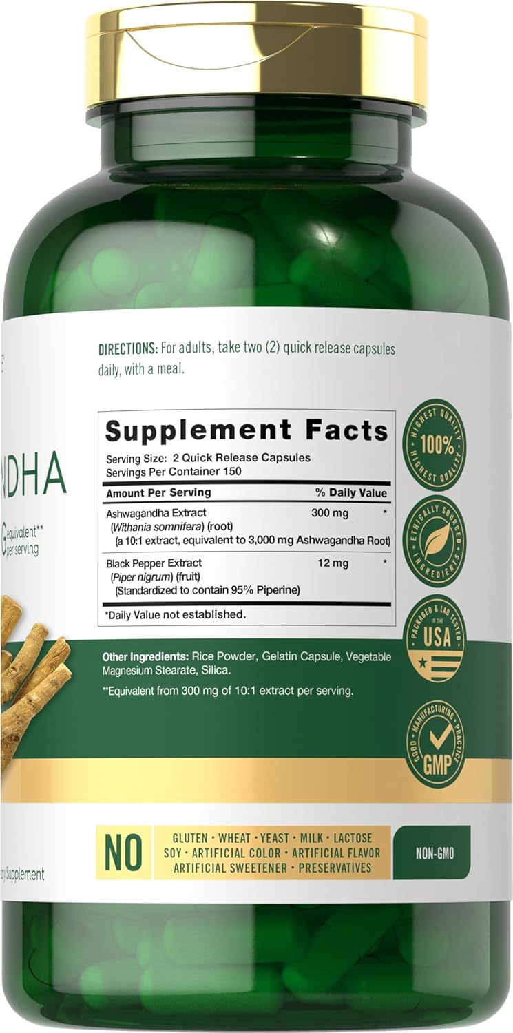Carlyle Ashwagandha Supplement for Women and Men | 300 Capsules | Herb Root Extract with Black Pepper | Non-GMO and Gluten Free - Image 2