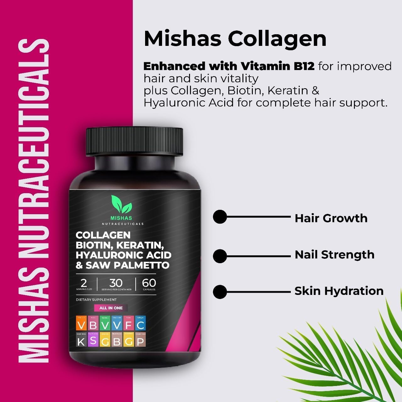 Multi Collagen Hair Pills - Biotin 10,000mcg, Keratin & Hyaluronic Acid - Hair Growth - Hair Skin & Nails Vitamins & DHT Blocker - Vitamin E Folic Acid Pumpkin Seed MSM, Saw Palmetto 60 Vegan Capsules - Image 9