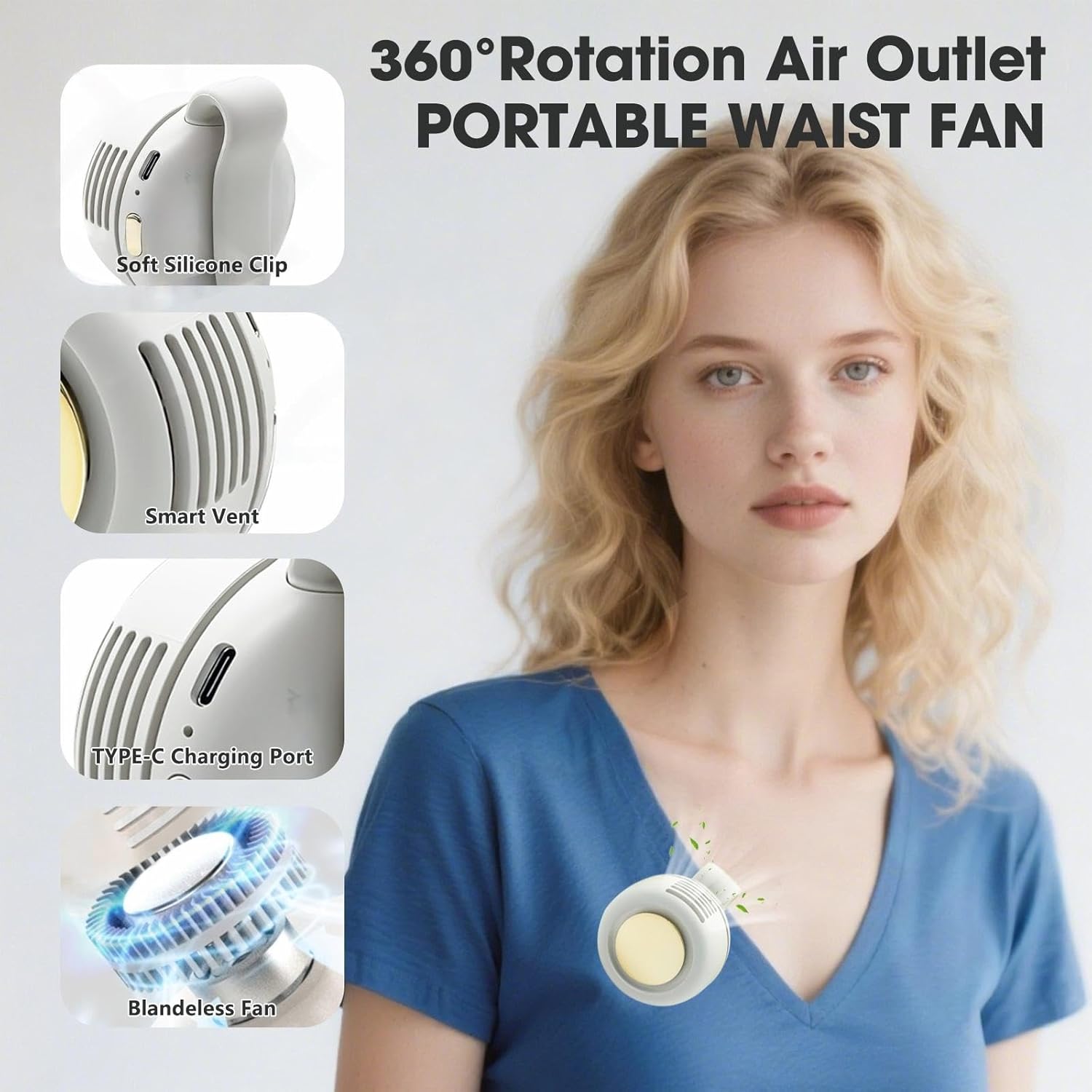 Clip On Fan,Portable Wearable Bladeless Fan,USB Rechargeable 360° Rotatable,3-Speed Silent Mini Personal Fans,Hands-Free Cooling Fan for Outdoor & Travel & Office,Ideal Gift(White) - Image 3