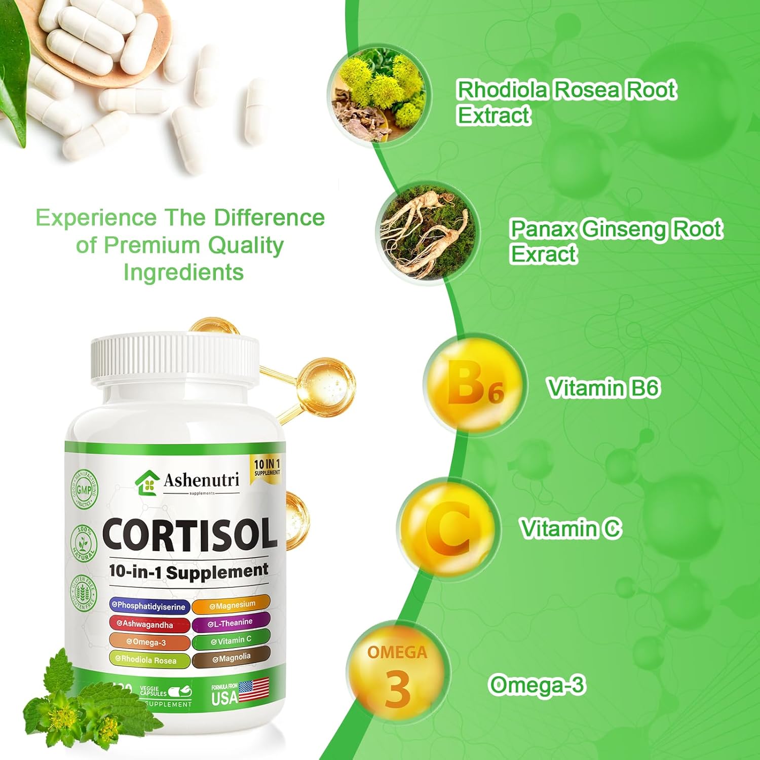 Ashenutri 10-in-1 Cortisol Supplement with Magnesium,Ashwagandha,Rhodiola Rosea,L Theanine,Hormone Balance for Women 120 Vegan Capsules - Image 4