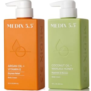 Medix 5.5 Argan Oil + Coconut Oil Skin Care Set Moisturizer Cream Body & Face Lotion | Firming Body Lotion Set Reduces Look Of Wrinkles, Cellulite, Dry Skin, & Uneven Skin Tone For Women, 2PC Bundle