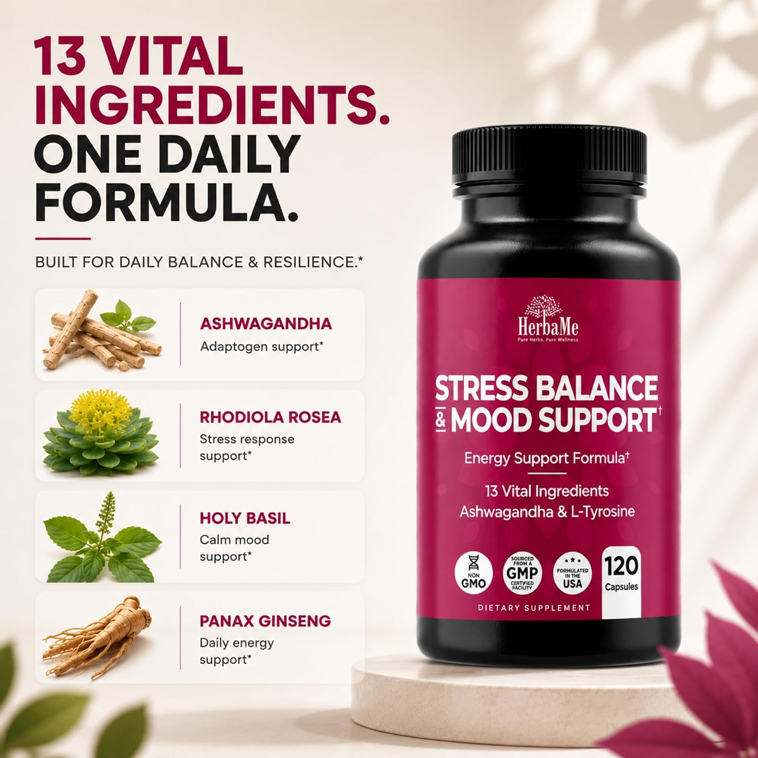 HerbaMe Stress & Mood Support Supplement with Ashwagandha & L-Tyrosine, Energy & Focus Formula, Helps Maintain Balanced Stress Response, 120 Capsules - Image 7
