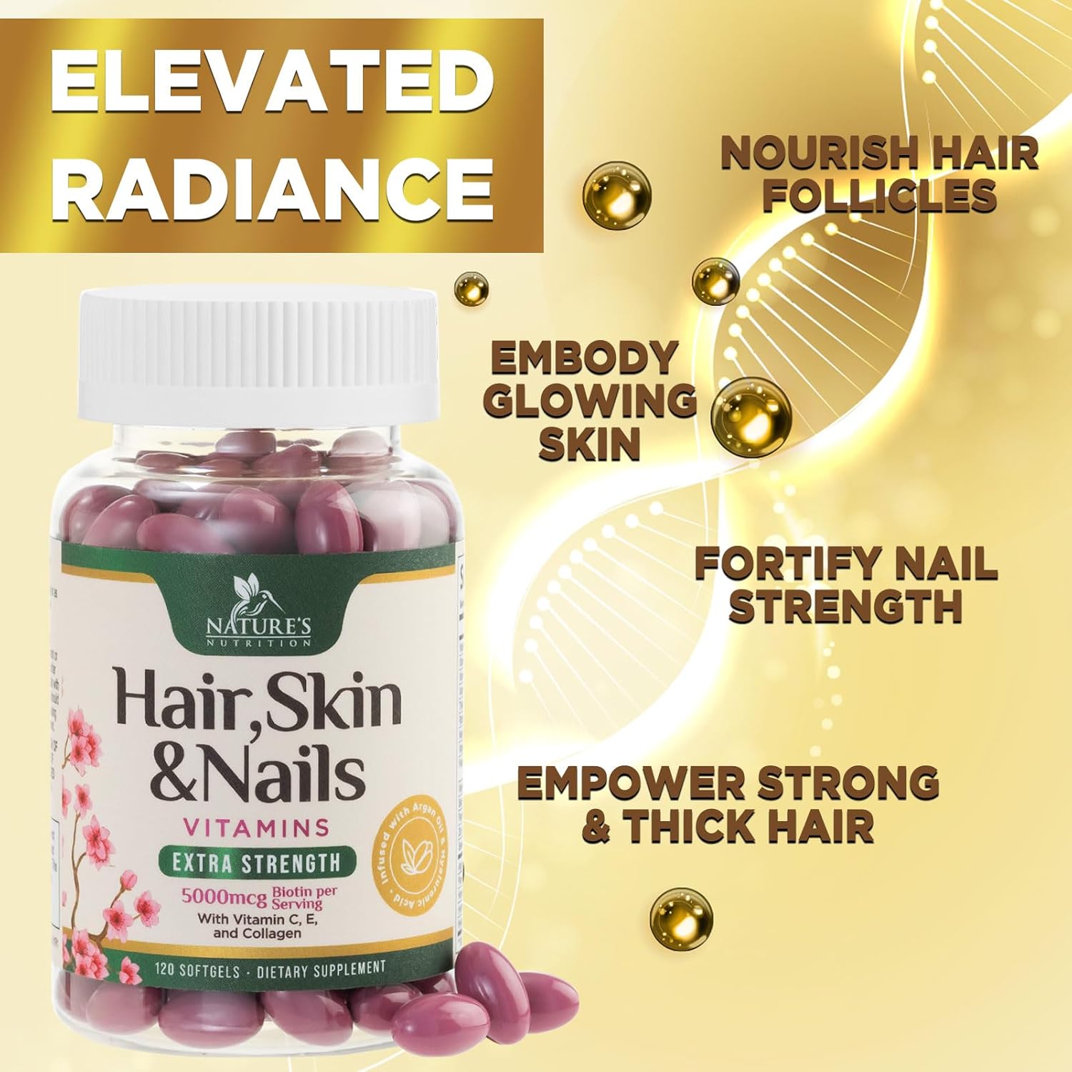 Hair Skin and Nails Vitamins for Hair Growth - Biotin 5000mcg Per Serving - Extra Strength Collagen, Argan Oil & Hyaluronic Acid - Best Beauty Supplement for Women & Men - USA Bottled - 120 Softgels - Image 6