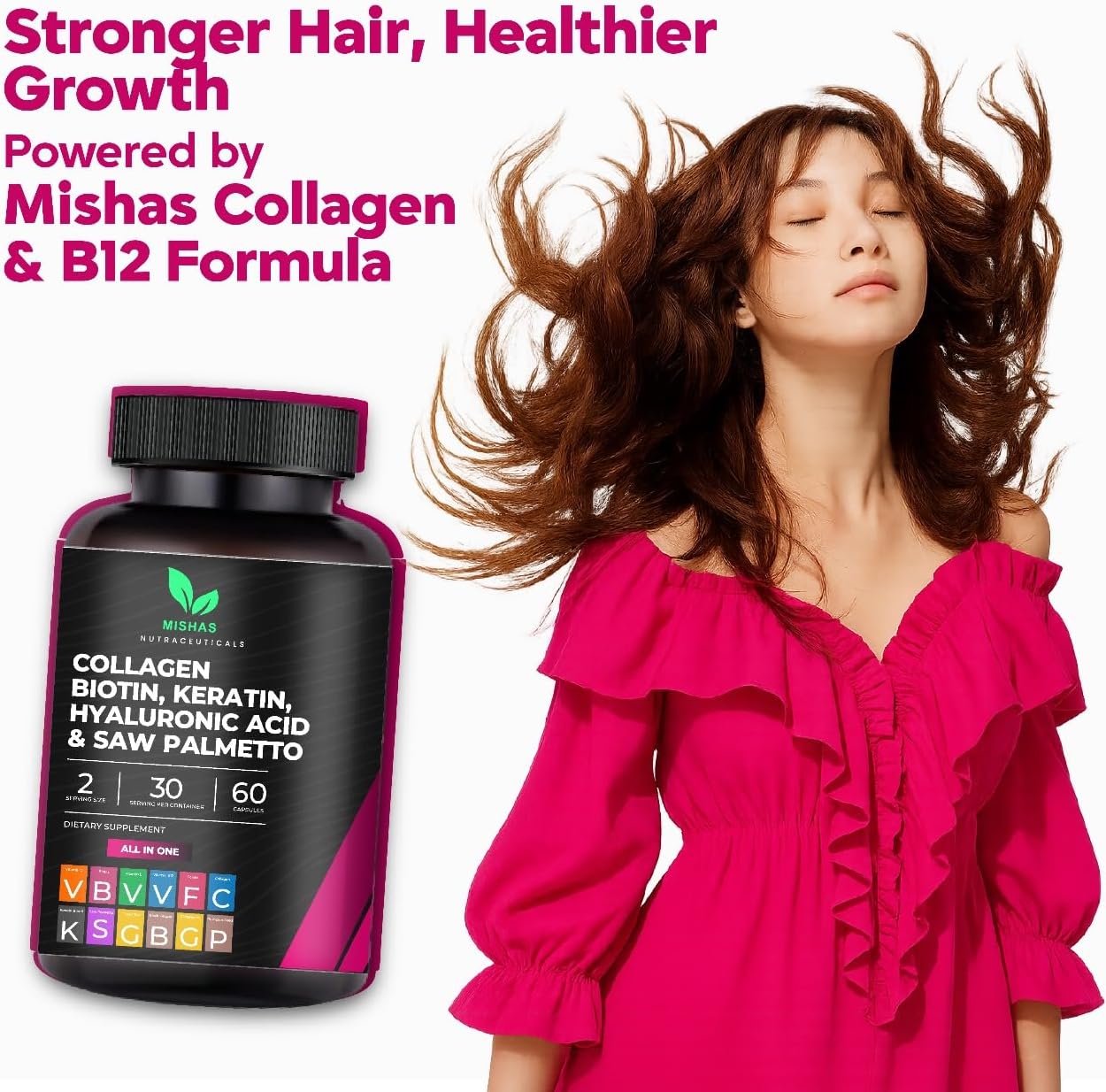 Multi Collagen Hair Pills - Biotin 10,000mcg, Keratin & Hyaluronic Acid - Hair Growth - Hair Skin & Nails Vitamins & DHT Blocker - Vitamin E Folic Acid Pumpkin Seed MSM, Saw Palmetto 60 Vegan Capsules - Image 5