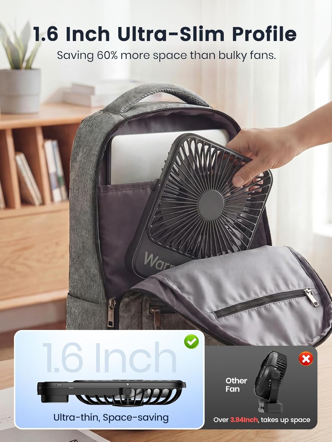 Warmco 10000mAh Portable Travel Fan 7-inch, Up to 24H Runtime, Ultra-thin Quiet Rechargeable Battery Operated Desk Fan with Digital Display for Camping, Office, Bedroom, Cruise Essentials - Image 3