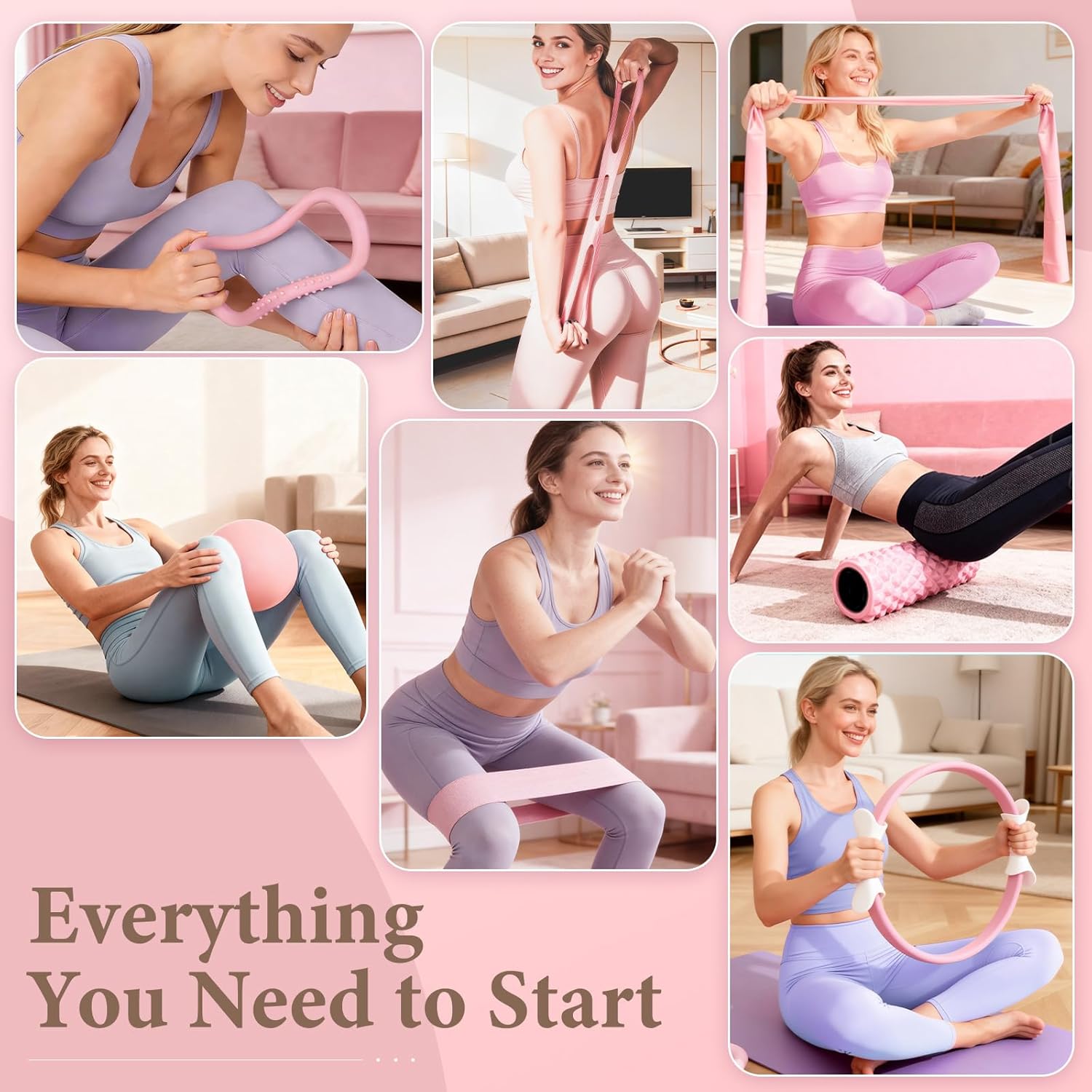 Pink Pilates Ring Kit with 14 inch Magic Circle & Foam Roller, Ergonomic Home Workout Equipment Set, Full Essentials for Women Beginners - Includes Exercise Guide & Storage Bag - Image 2