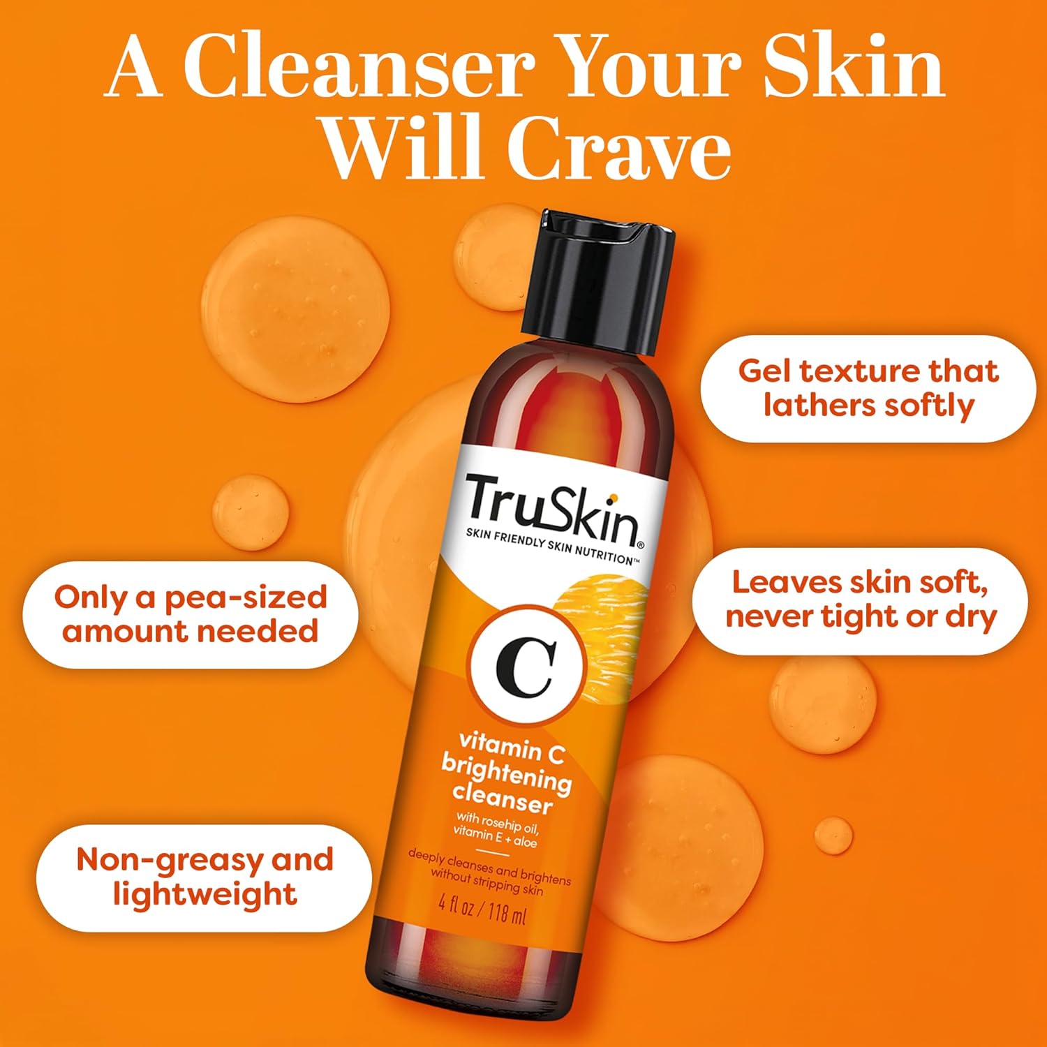 TruSkin Vitamin C Face Wash Cleanser - Brightening Facial Cleanser with Vitamins C & E, Rosehip Oil, Aloe Vera & MSM - Gently Cleanses, Refreshes & Supports Radiant Skin - 4 fl oz - Image 4