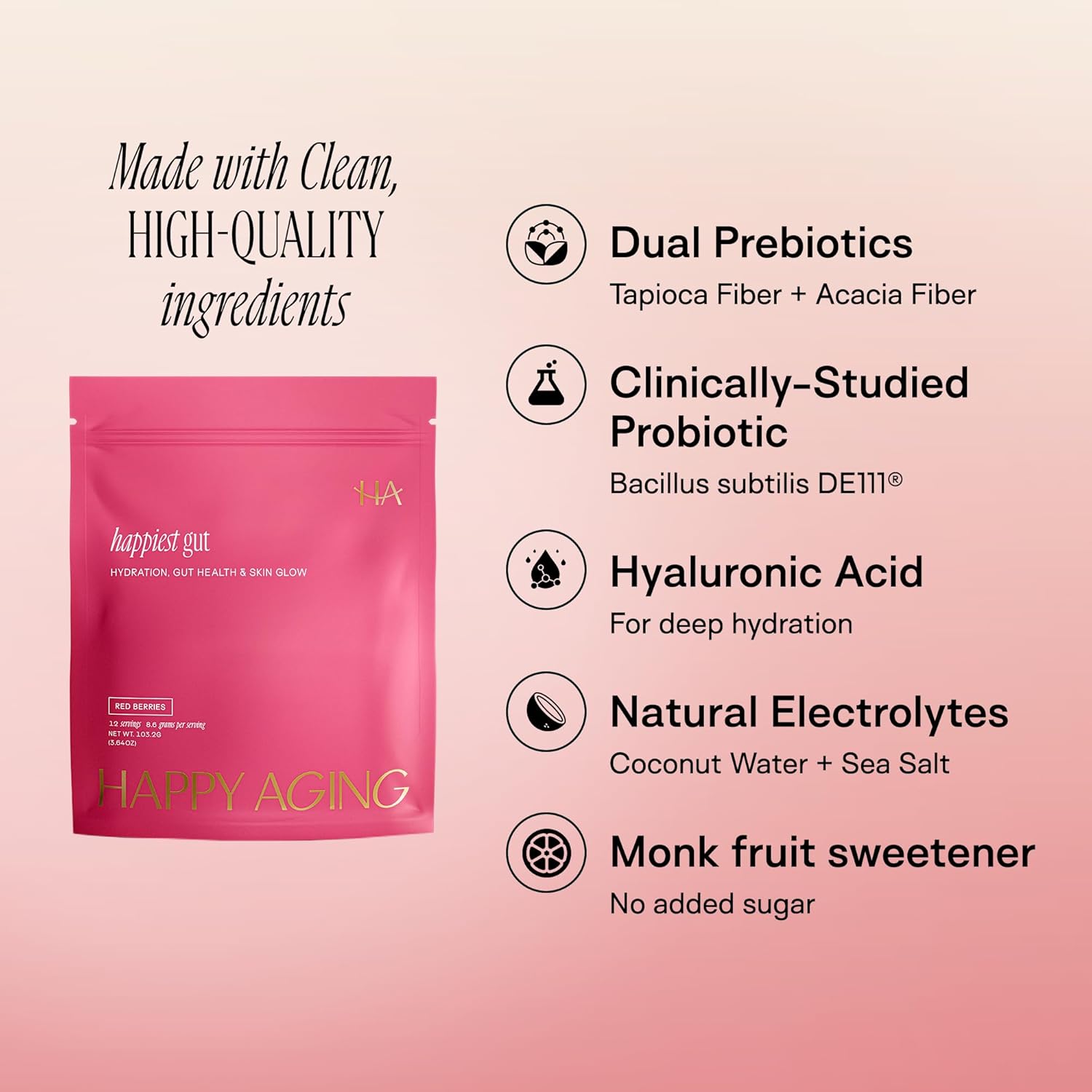Happy Aging Electrolytes Powder Packets for Women - Sugar Free Hydration & Gut Health with Hyaluronic Acid & Bacillus Subtilis DE111 Probiotics - Dual Prebiotic System for Skin Beauty - Image 4