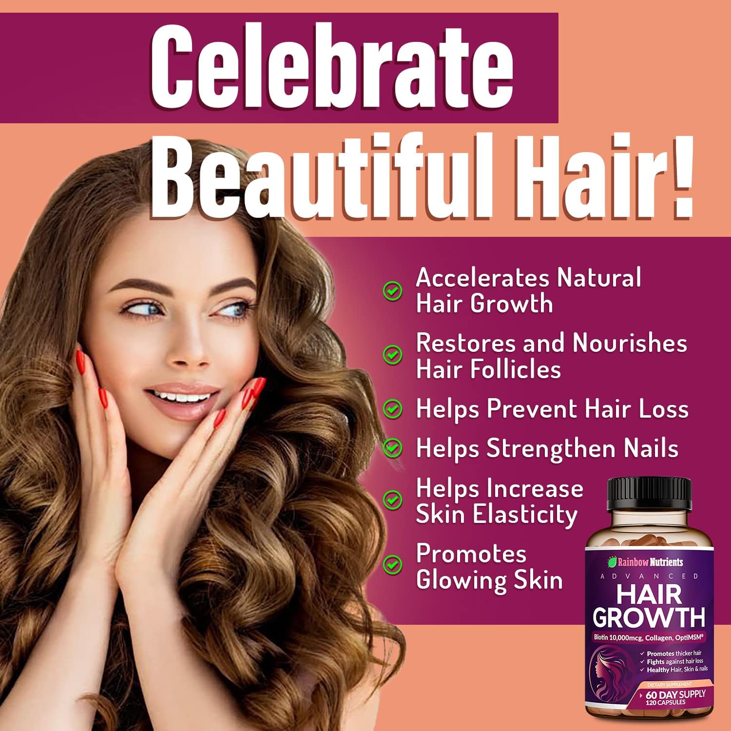 Hair Growth Vitamins for Women | Biotin 10,000mcg, Collagen, Patented OptiMSM®, goMCT®, Saw Palmetto | Naturally Regrow Stronger & Healthier Hair, Skin and Nails | Stops Hair Loss | 60 Day Supply - Image 3