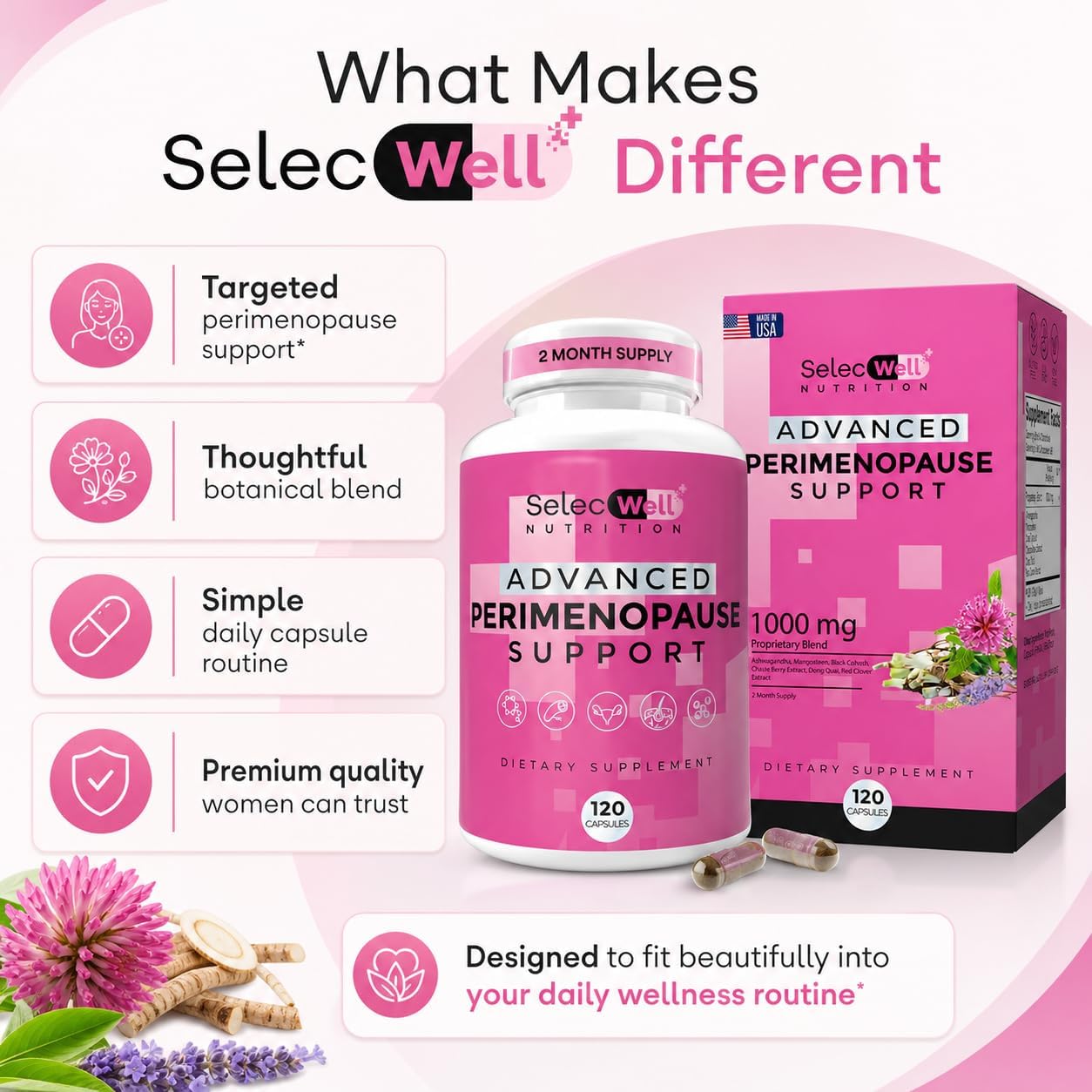 Perimenopause & Menopause Support Supplement for Women – Multi‑Symptom Relief with Black Cohosh & Red Clover Isoflavones | Ashwagandha Adaptogen & Herbal Blend | Hormone Balance Support | 120 Capsules - Image 4