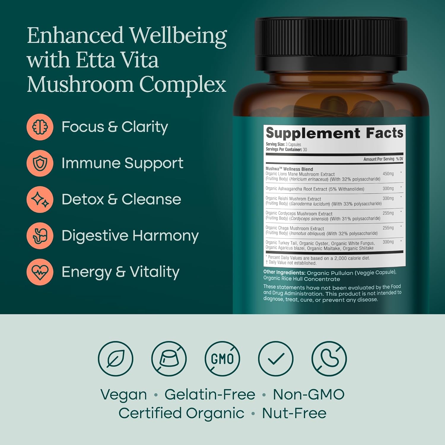 USDA Organic Lions Mane Supplement Capsules with Ashwagandha, Chaga, Reishi, Cordyceps, Turkey Tail - 10x Adaptogenic Mushroom Complex as Focus Supplement - Energy, Immunity & Nootropic - Image 5