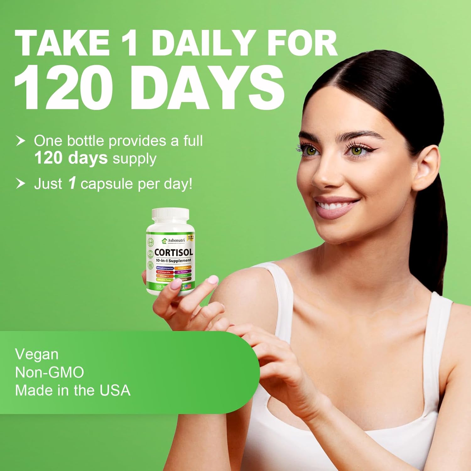 Ashenutri 10-in-1 Cortisol Supplement with Magnesium,Ashwagandha,Rhodiola Rosea,L Theanine,Hormone Balance for Women 120 Vegan Capsules - Image 7