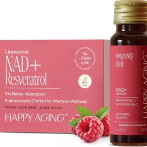 Happy Aging Liquid NAD+ Supplement for Women | Liposomal Nicotinamide Riboside & Resveratrol Shots for Energy, Skin Health & Brain Fog | NMN Alternative with Antioxidants | 10 Shots, 30-Day Supply