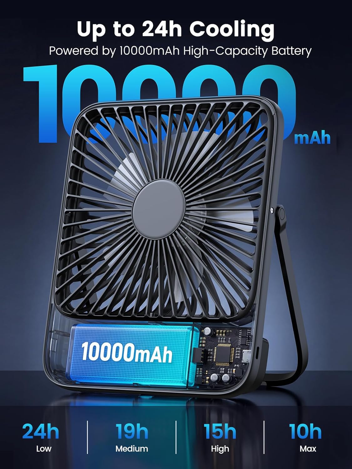 Warmco 10000mAh Portable Travel Fan 7-inch, Up to 24H Runtime, Ultra-thin Quiet Rechargeable Battery Operated Desk Fan with Digital Display for Camping, Office, Bedroom, Cruise Essentials - Image 2