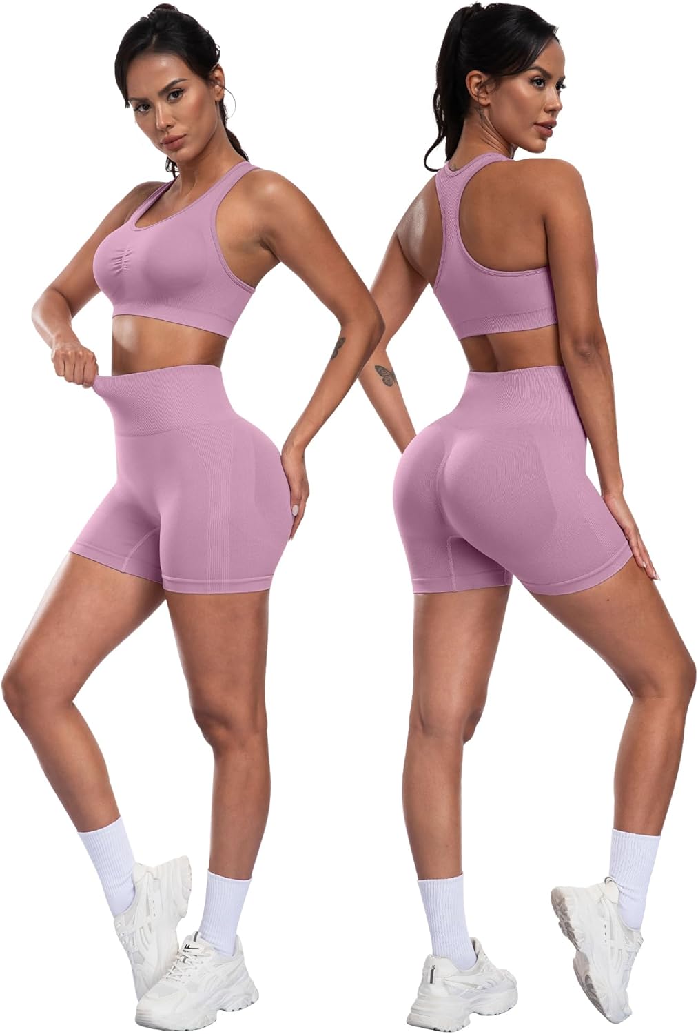 3 Piece Workout Sets for Women Butt Lifting Leggings with High Impact Sports Bra Gym Shorts - Image 4