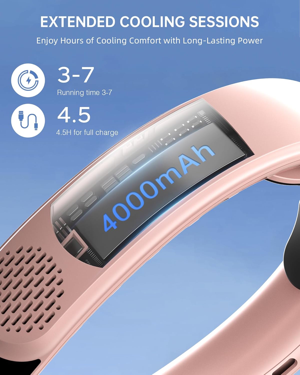 FrSara Rechargeable Neck Fan, Personal Fan with LED Display, 3 Speeds with 4000mAh Battery Powered, Supports USB TYPE-C, Portable, Ideal & Quiet for Women, Men Travel, Outdoor, Pink - Image 5