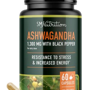 Ashwagandha Supplement 1300mg for Stress Resistance & Energy Boost | High Absorption Adaptogen from Root Powder with Black Pepper | Stress-Related Fatigue Support | Non-GMO | 120ct, 2-Month Supply
