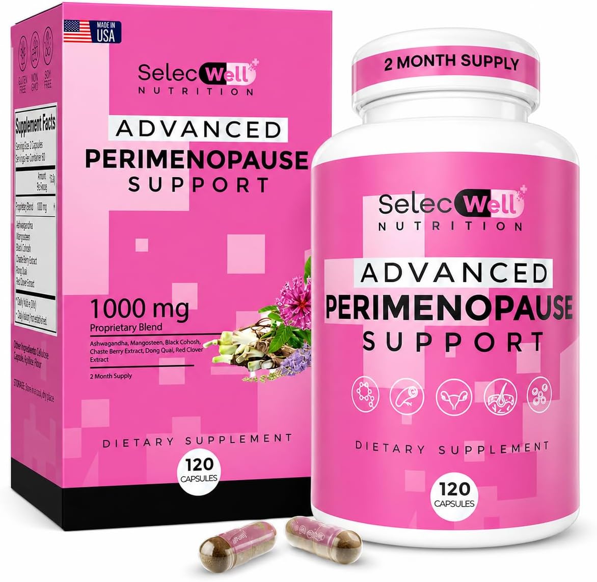 Perimenopause & Menopause Support Supplement for Women – Multi‑Symptom Relief with Black Cohosh & Red Clover Isoflavones | Ashwagandha Adaptogen & Herbal Blend | Hormone Balance Support | 120 Capsules