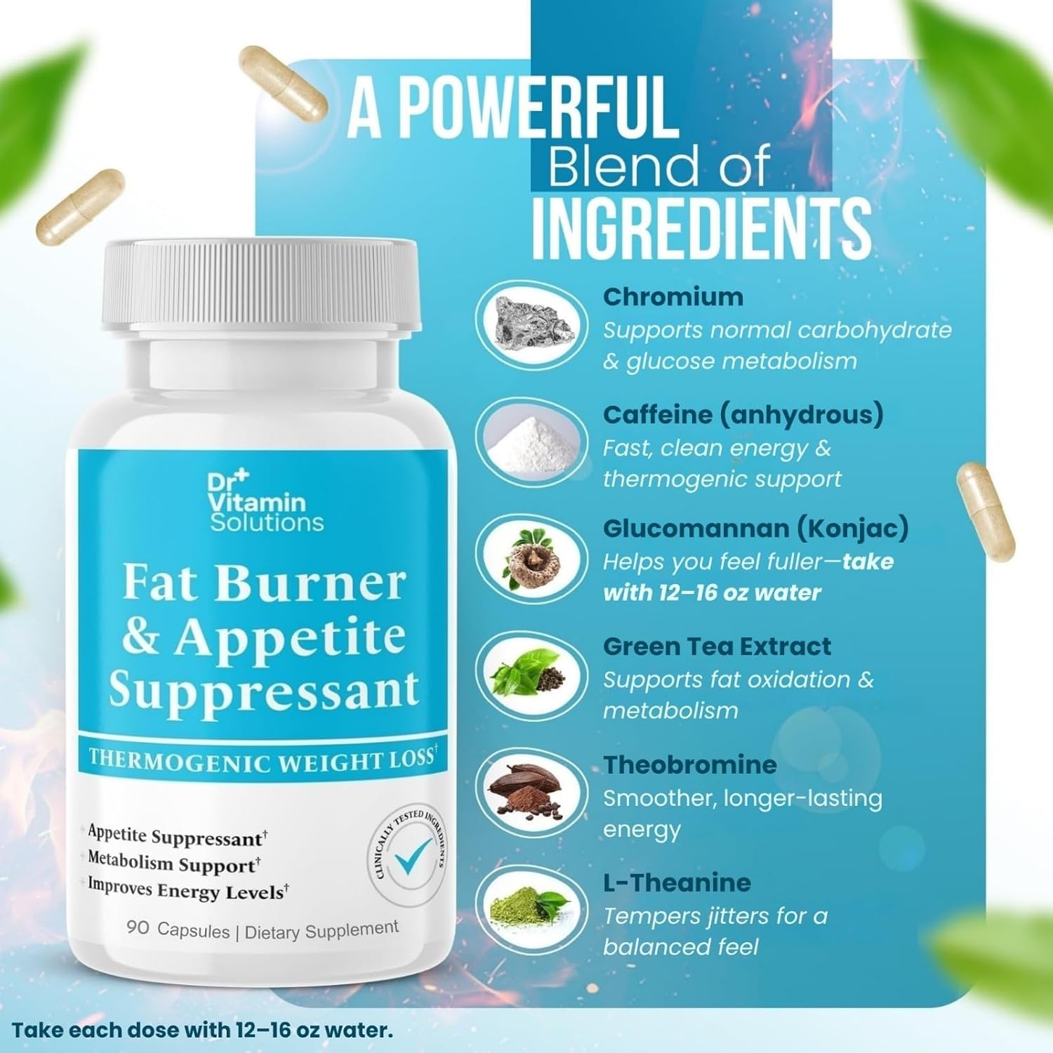 Fat Burner for Women & Men - Appetite Suppressant for Weight Loss - Pills w/Metabolism Booster Thermogenic Weight Loss Supplement - Chromium, Caffeine & Green Tea - 90 Vegan Capsules - Image 3