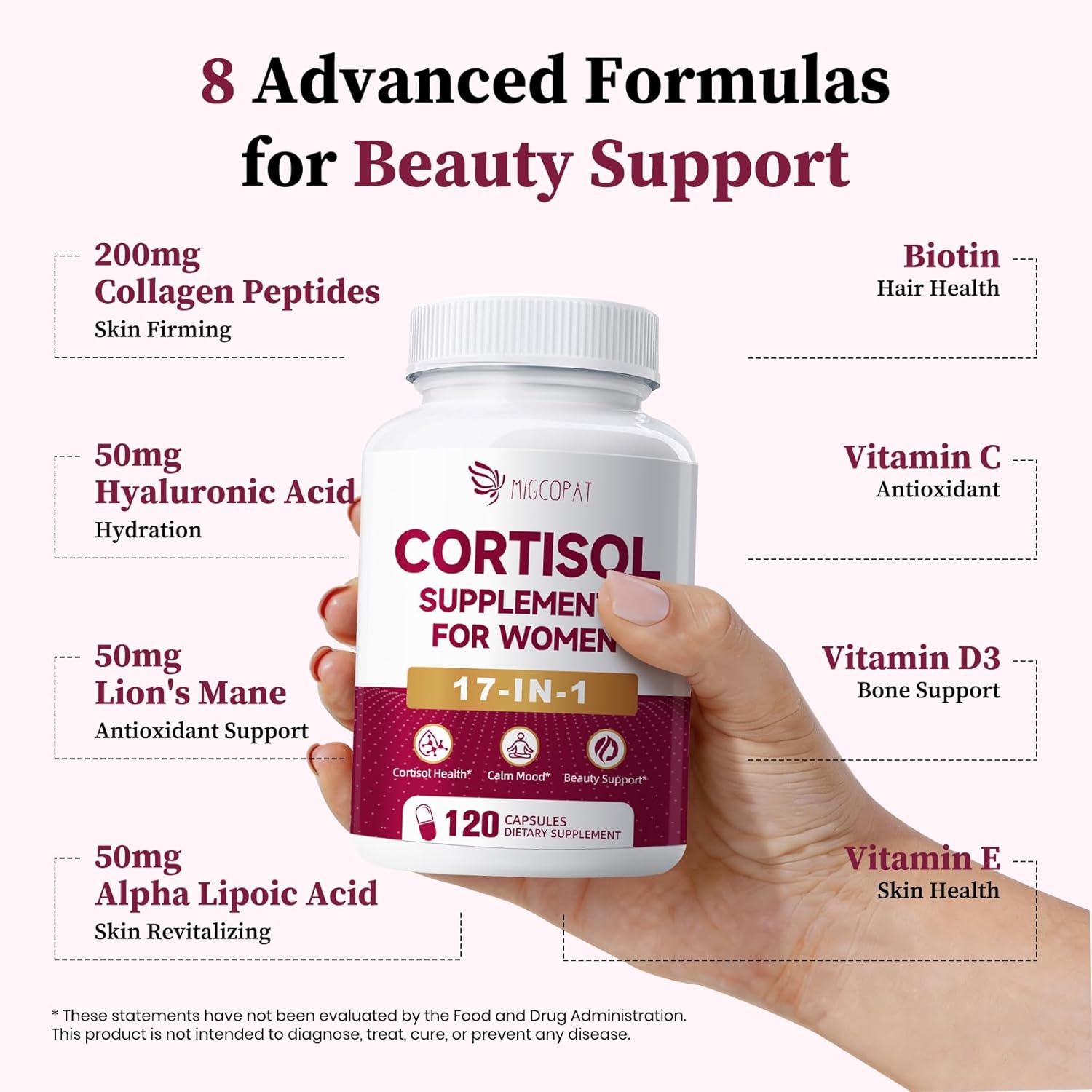 Migcopat 17-in-1 Cortisol Supplements for Women, 8322mg with Collagen, Magnesium Glycinate, Ashwagandha, L-Theanine for Relaxation, Stress and Sleep Support, Cortisol Reducer for Women- 120 Capsules - Image 6