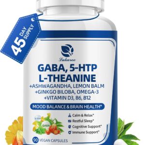 GABA Supplements 750mg with L Theanine, 5HTP, Ashwagandha, Lemon Balm, Ginkgo Biloba, Omega-3, 10 in 1 GABA Calm Capsules for Sleep, Relaxation, Focus, Mood Support, Cortisol Balance - 90CT