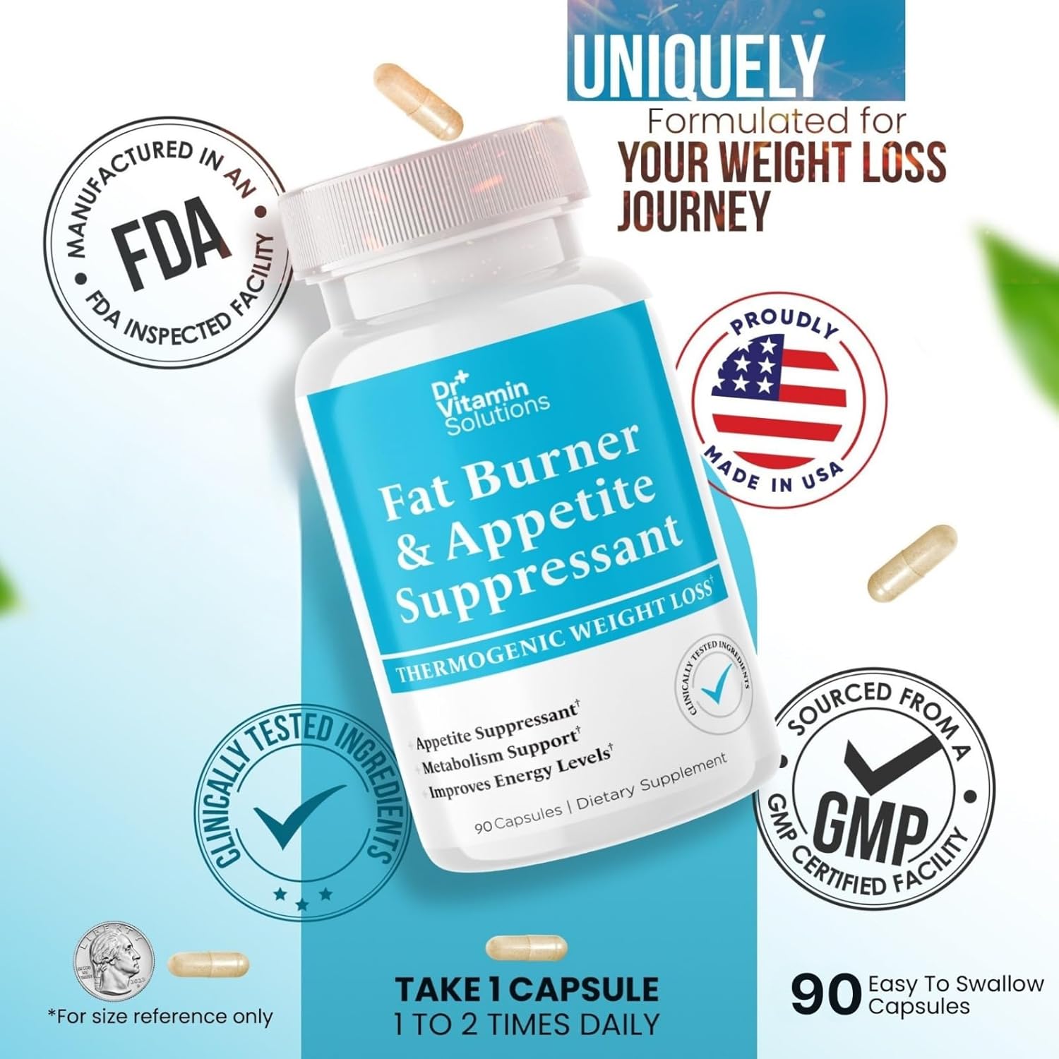 Fat Burner for Women & Men - Appetite Suppressant for Weight Loss - Pills w/Metabolism Booster Thermogenic Weight Loss Supplement - Chromium, Caffeine & Green Tea - 90 Vegan Capsules - Image 9