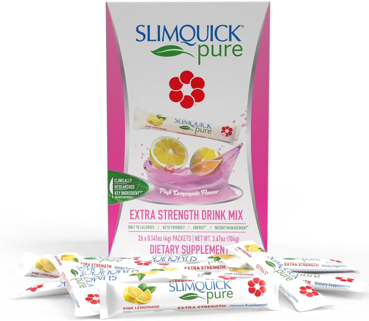 SlimQuick Pure 3X Extra Strength Drink Mix Packets, Metabolism & Weight Management for Women, Helps in Fat Breakdown, with Green Tea, Caffeine, Chaste Tree, Rhodiola Extract - Pink Lemonade, 26 Count