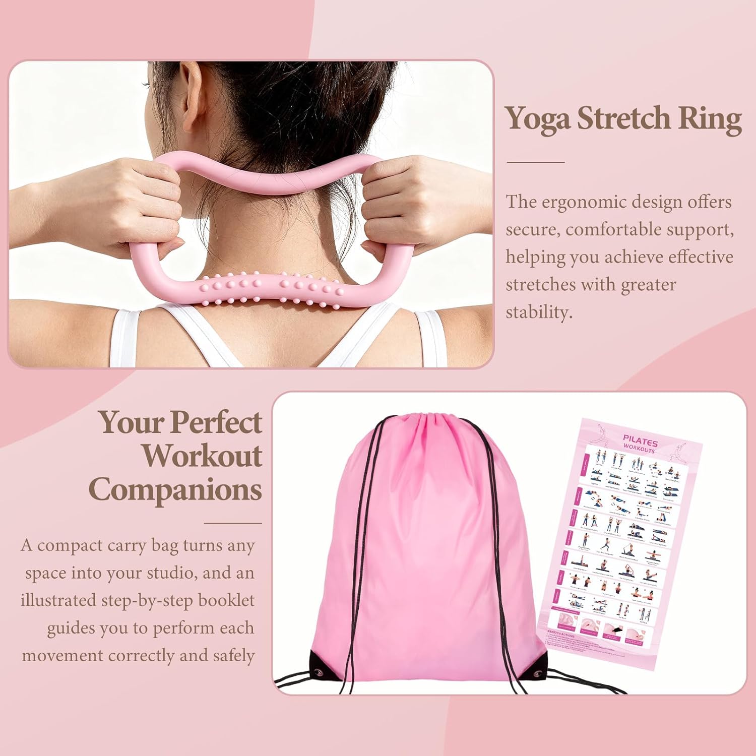 Pink Pilates Ring Kit with 14 inch Magic Circle & Foam Roller, Ergonomic Home Workout Equipment Set, Full Essentials for Women Beginners - Includes Exercise Guide & Storage Bag - Image 7