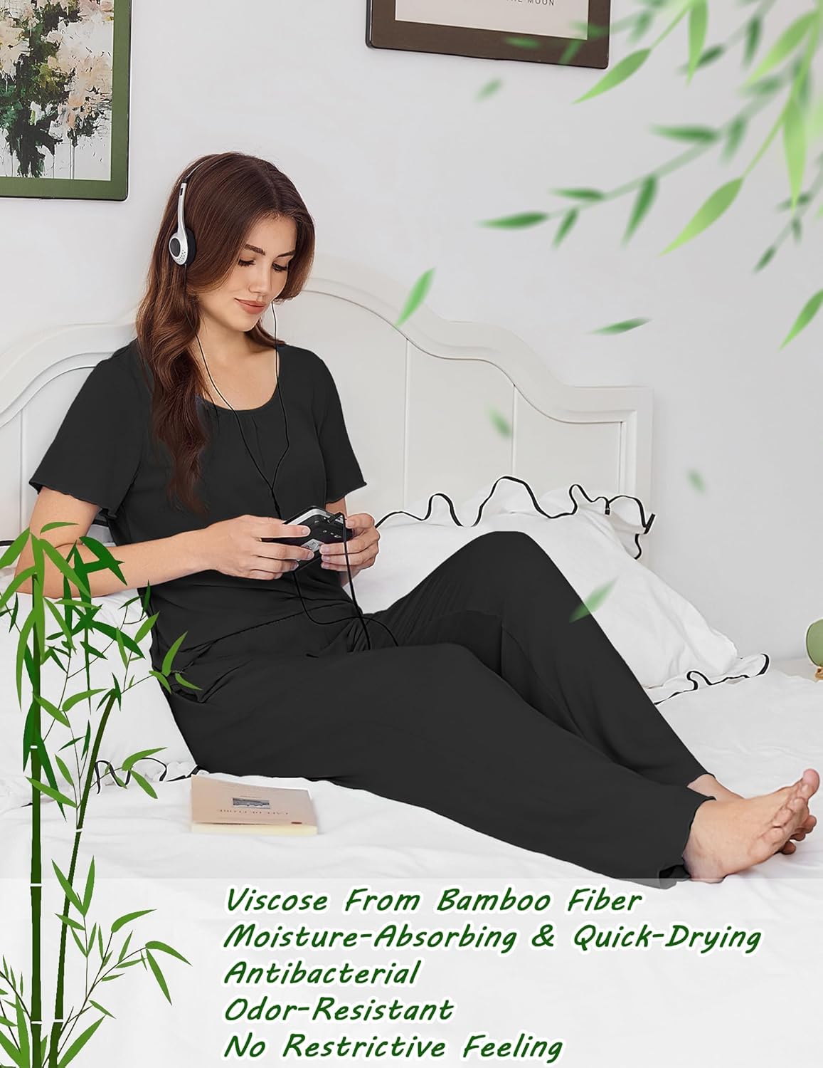 Ekouaer Womens Pajama Sets Viscose from bamboo Lounge Set Soft Pajamas for Women Set Short Sleeve and Long Pants Sleepwear - Image 5