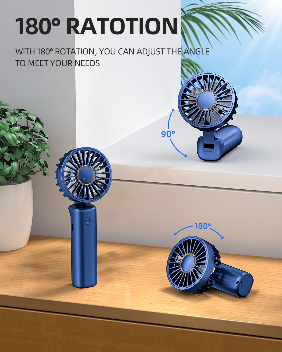 FrSara Portable Handheld Fan Rechargeable, Small Mini Folding Desk Fan Upgraded Wind Power, 3-Speed, 2000mAh Long Battery Life, Quiet, Portable, Suitable for Outdoor Travel, Blue - Image 3